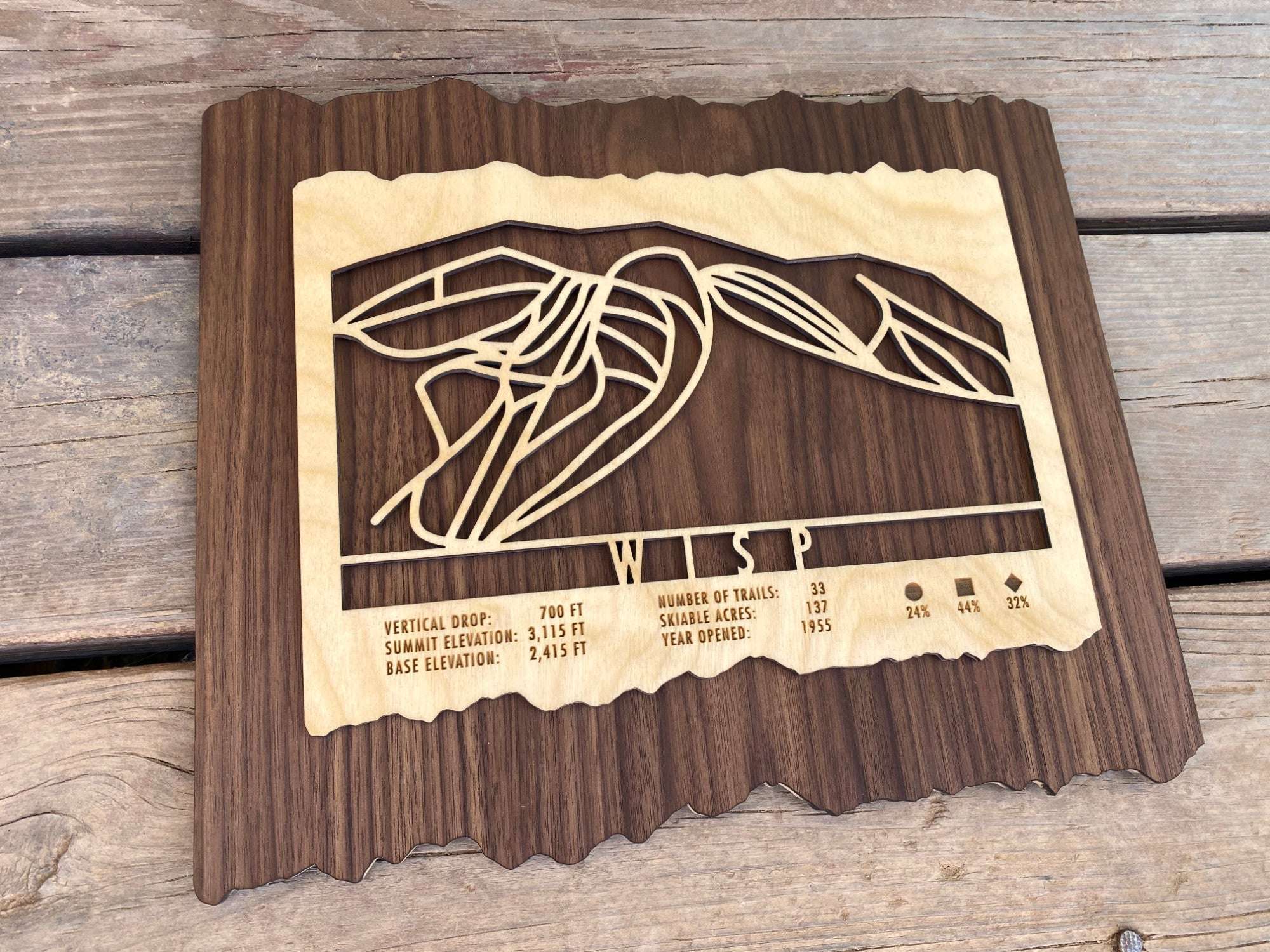 Wisp Ski Trail Map - Wood Ski Decor - Mountaincut displayed on wooden surface, showcasing intricate ski trail design and engraved resort details.