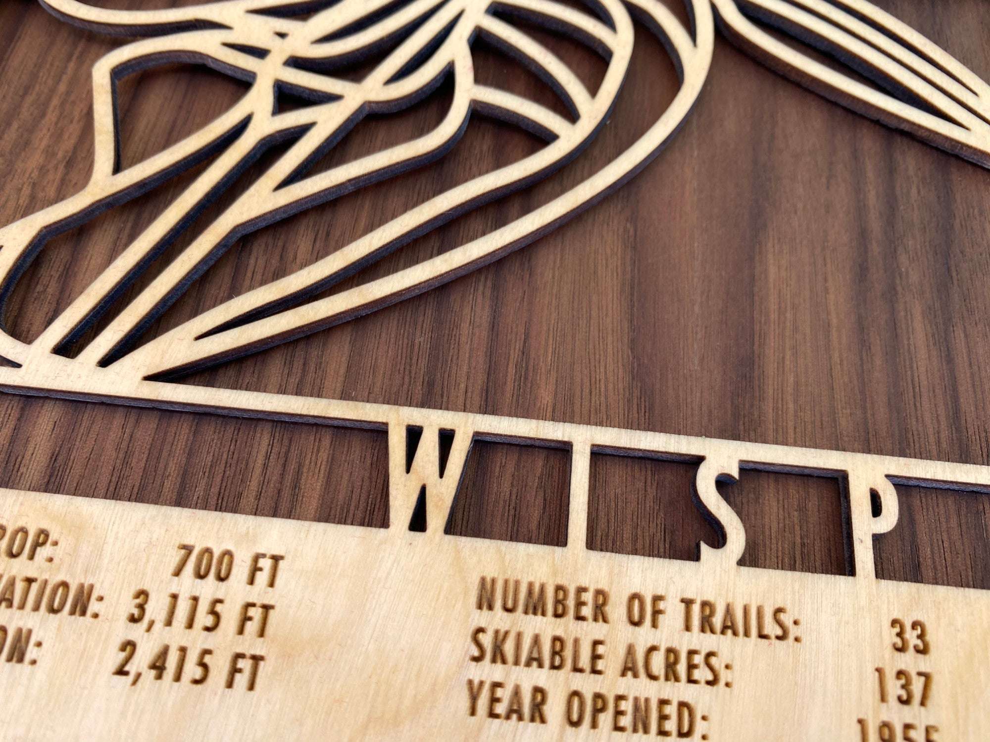 Wisp Ski Trail Map - Wood Ski Decor - Mountaincut zoomed-in view of engraved WISP lettering and resort information on natural wood finish.