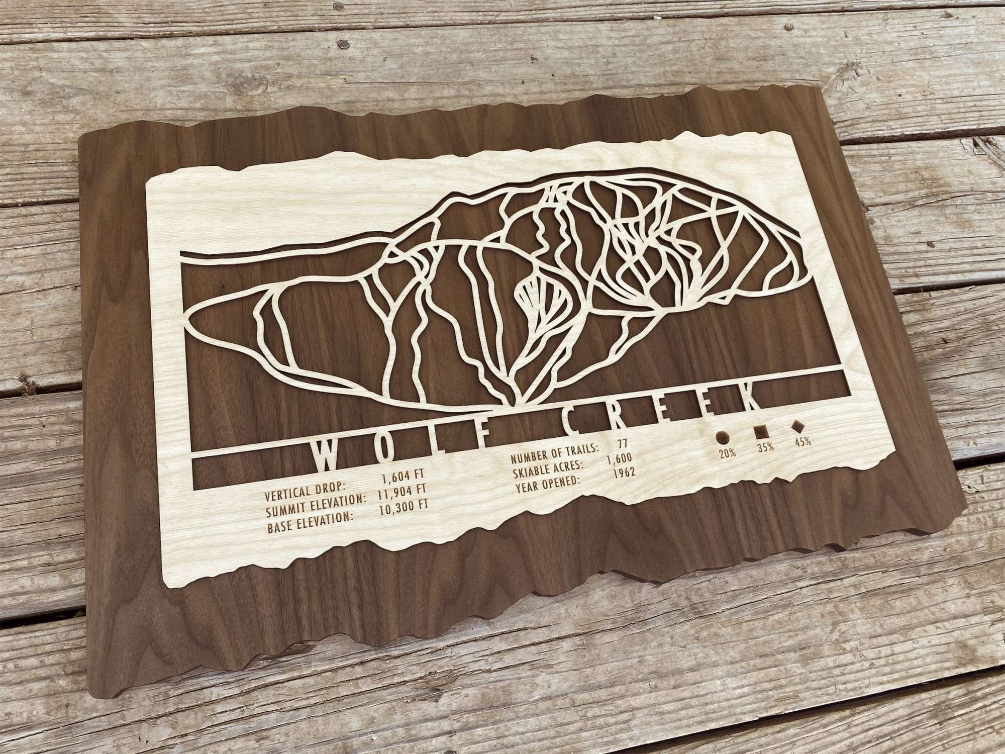Wooden Wolf Creek ski trail map by Mountaincut displayed on rustic wood background, ideal for Colorado ski home or mountain lodge decoration.