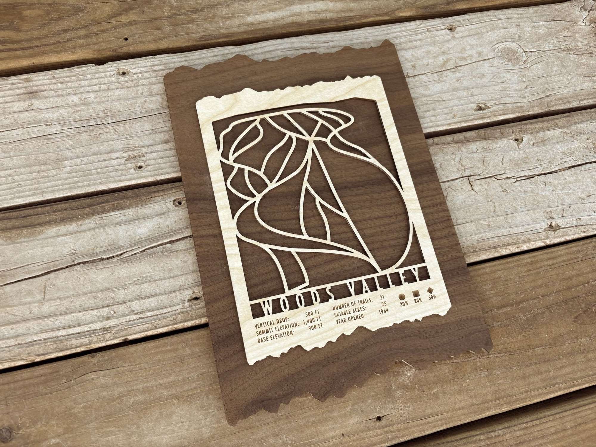 Woods Valley Ski Trail Map - Ski Decor - MountainCut wood ski map displayed on rustic wood background, perfect ski-themed wall decor for New York skiers.