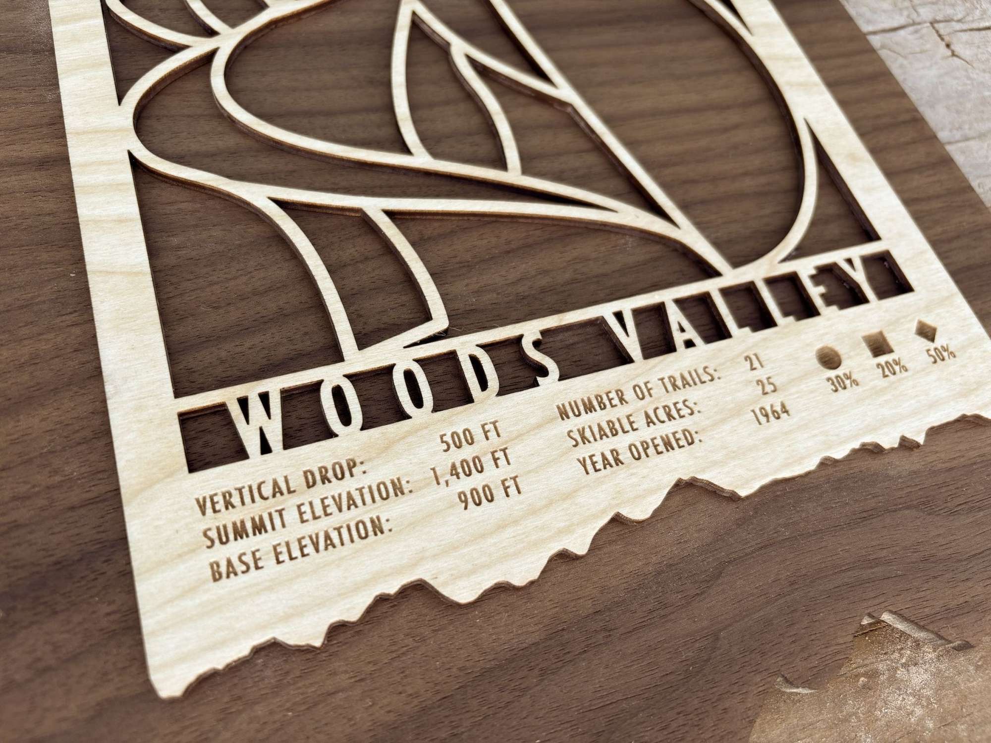 Engraved details on Woods Valley Ski Trail Map - Ski Decor - MountainCut include elevation, trail count, and ski area stats, crafted in layered wood.