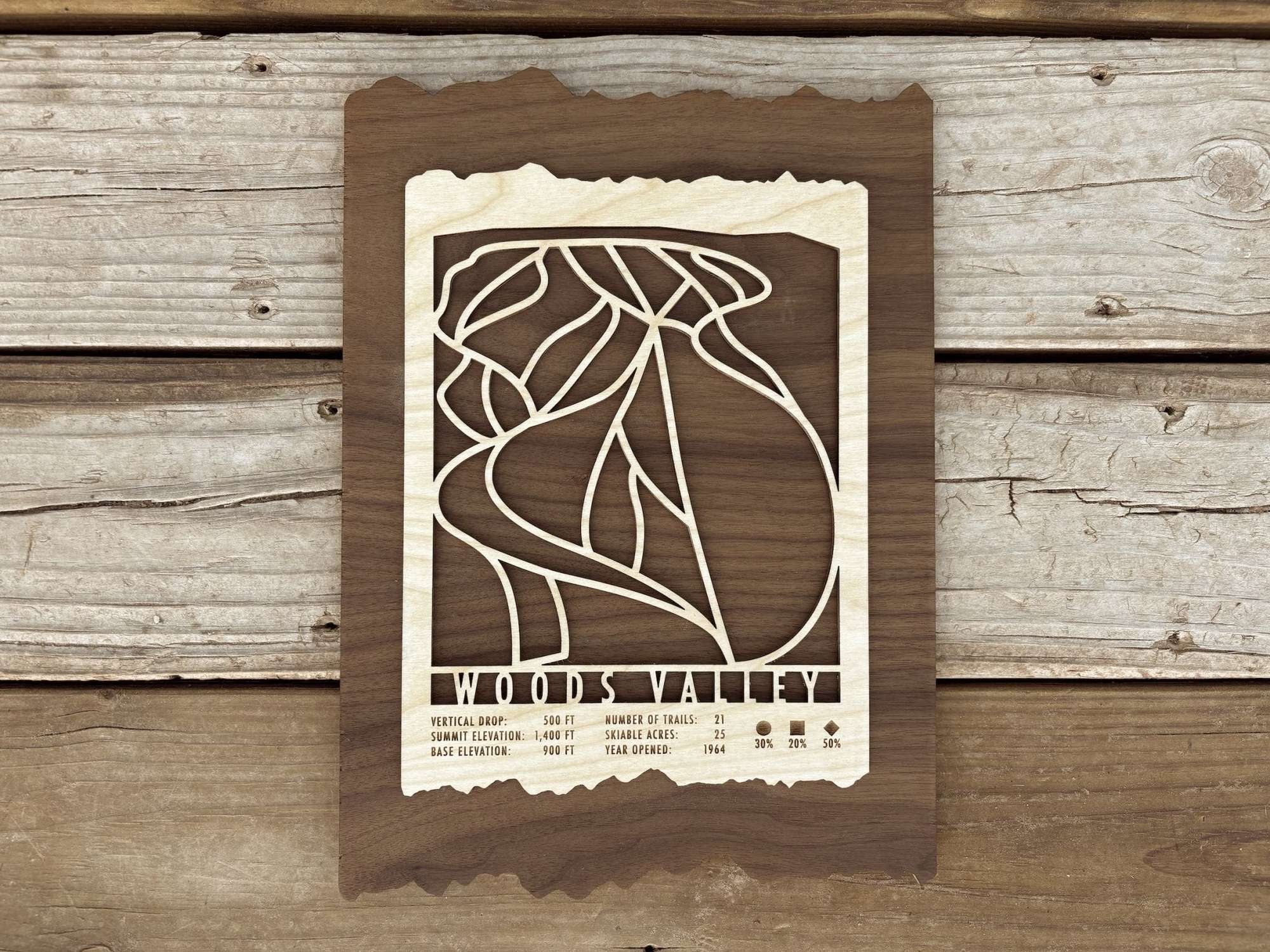 Woods Valley Ski Trail Map - Ski Decor - MountainCut vertical wood artwork with ski trail design, ideal for decorating ski cabins or mountain homes.