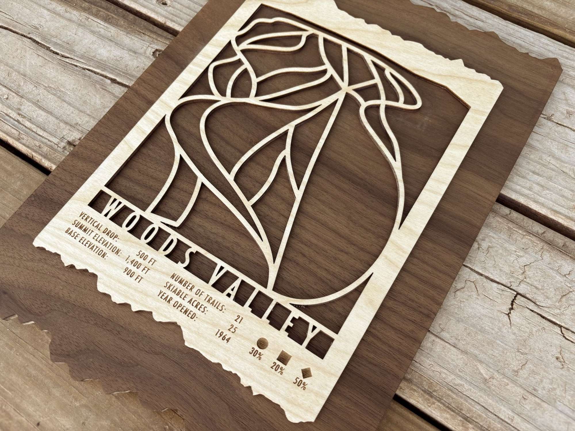 Close-up of Woods Valley Ski Trail Map - Ski Decor - MountainCut showing detailed wooden trail lines and engraved resort information for ski lovers.