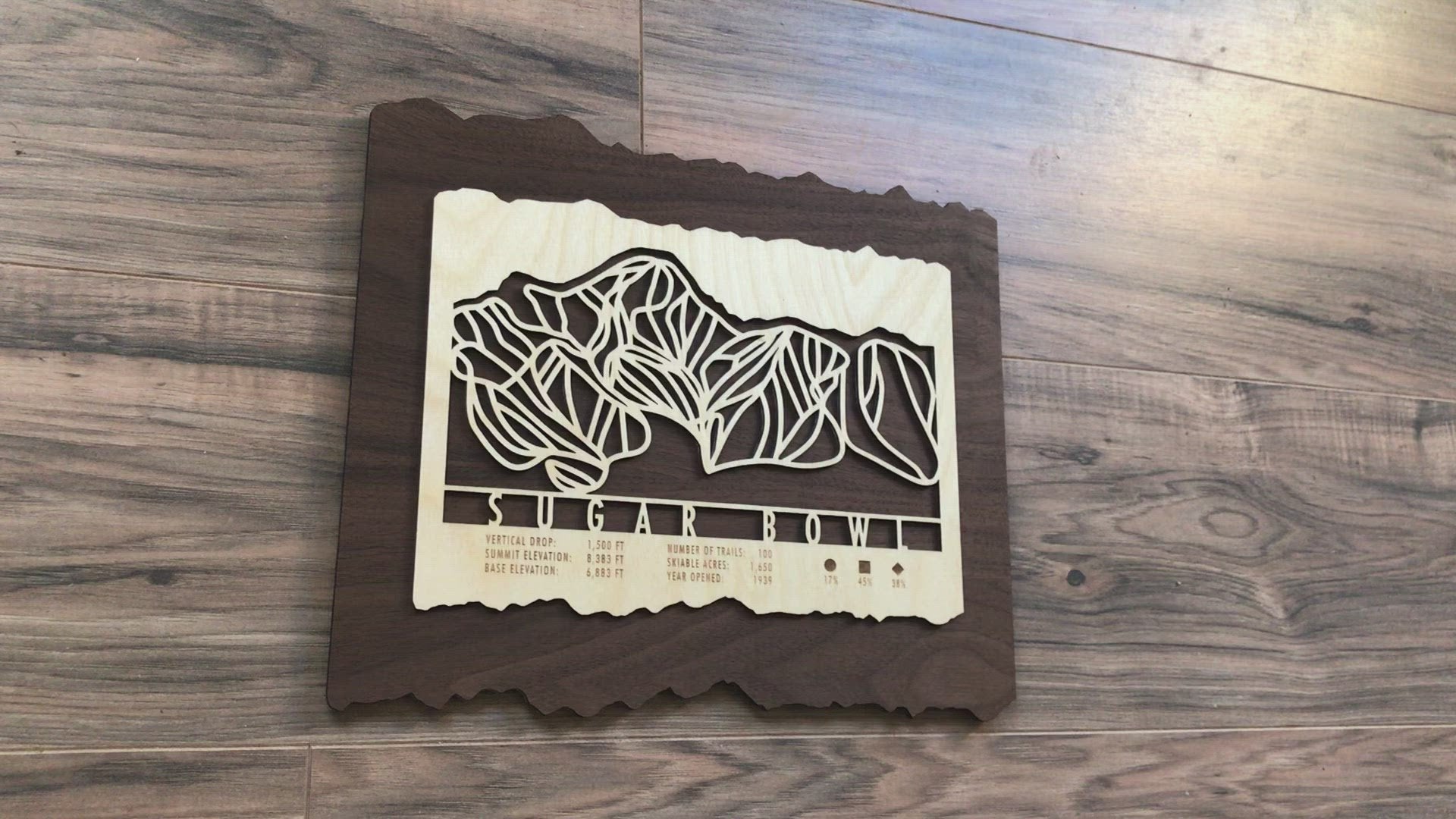 Sugar Bowl Ski Trail Map wood decor mounted on a wood floor, showcasing intricate trail design and natural wood grain.