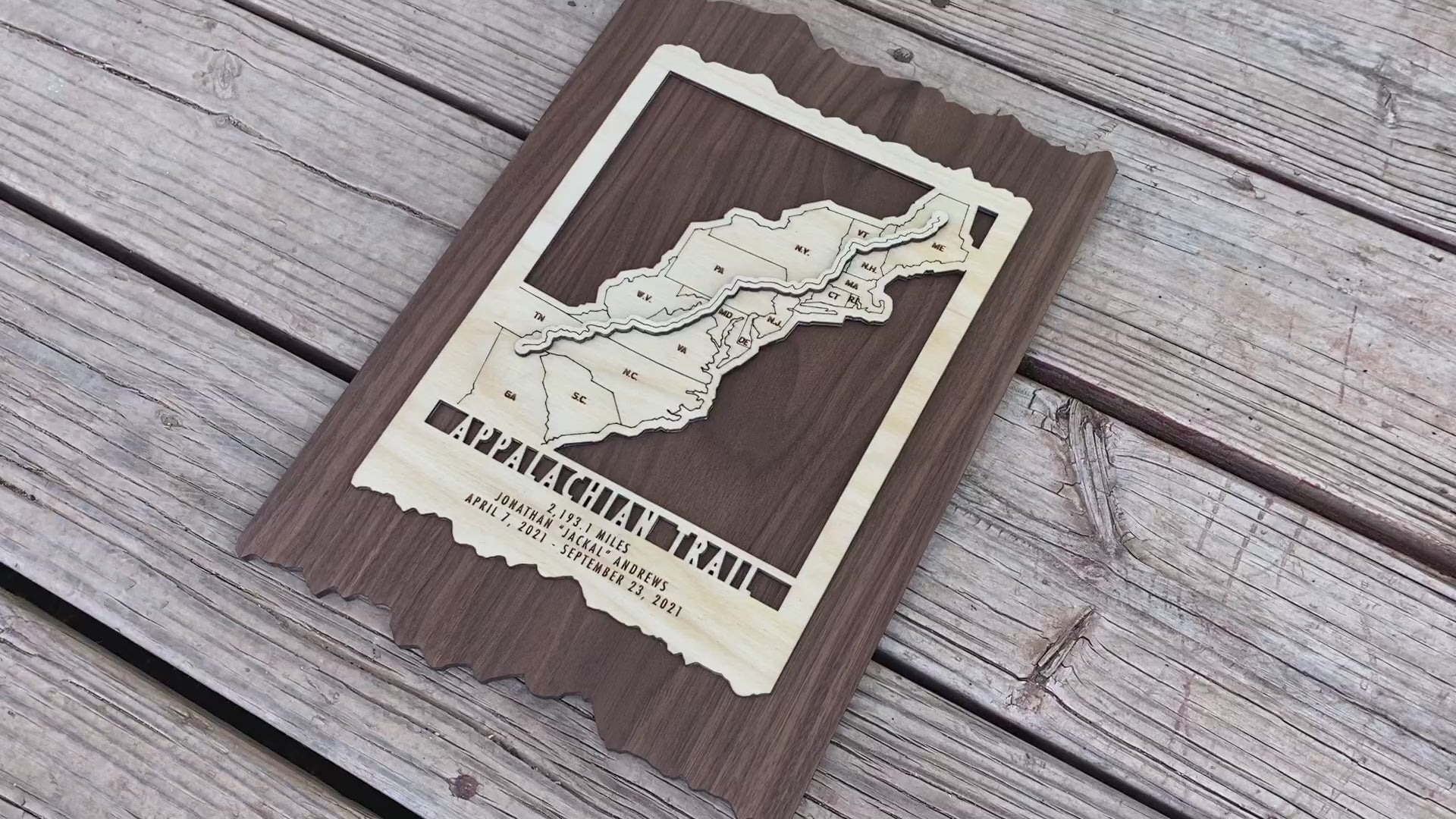 Angled view of Appalachian Trail wood wall map showing engraved trail route and custom text, perfect decor for hiking enthusiasts.