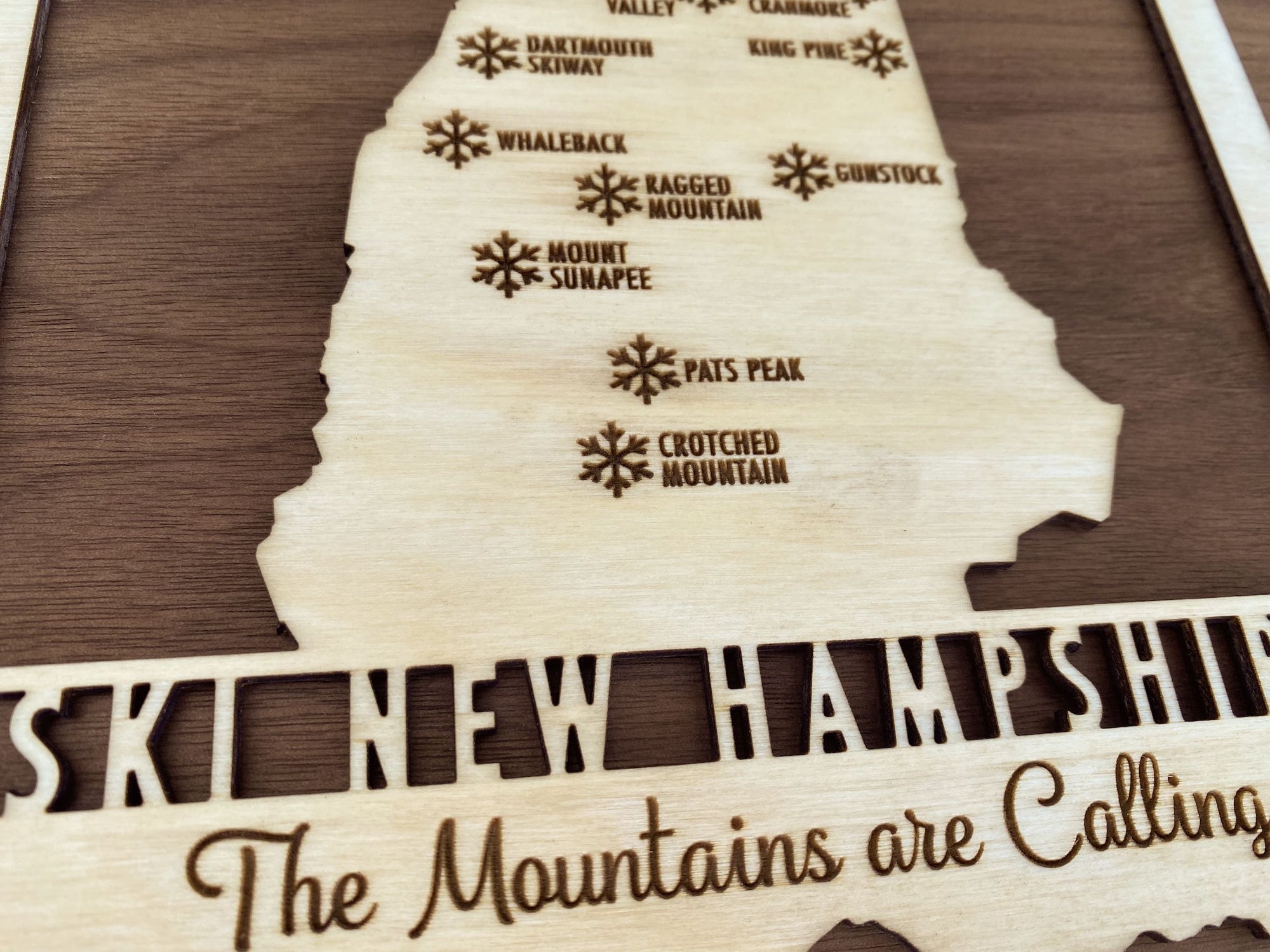 Ski New Hampshire - Wood Map of New Hampshire Ski Areas with Custom Engraving