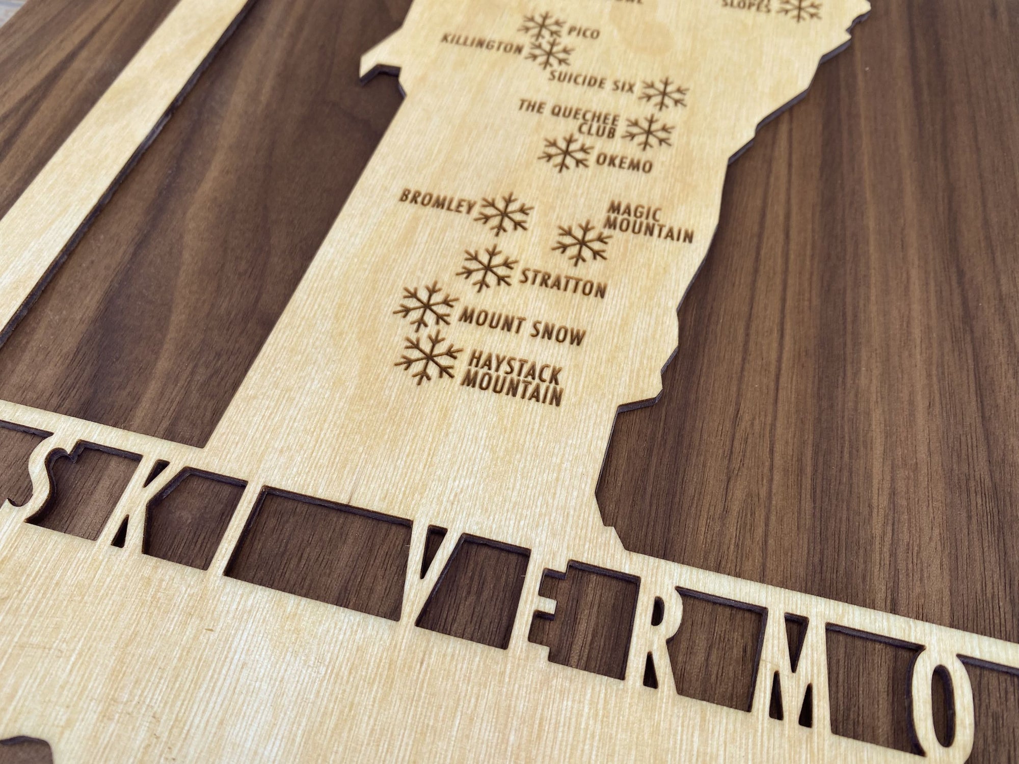 Ski Vermont - Wood Map of Vermont Ski Areas with Custom Engraving